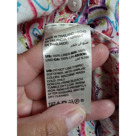 Chico's Beige w/Red Purple Pasley 100% Linen "No Iron" Button Up Blouse size 14 - Picture 7 of 7